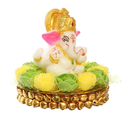 Lord Ganesha Idol on Decorative Handcrafted Plate with Green and Yellow Flowers