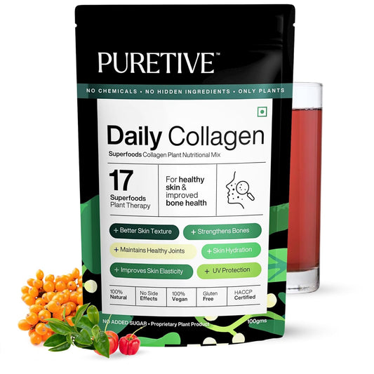 PURETIVE Daily Collagen package with a glass of red liquid and ingredients on a white background