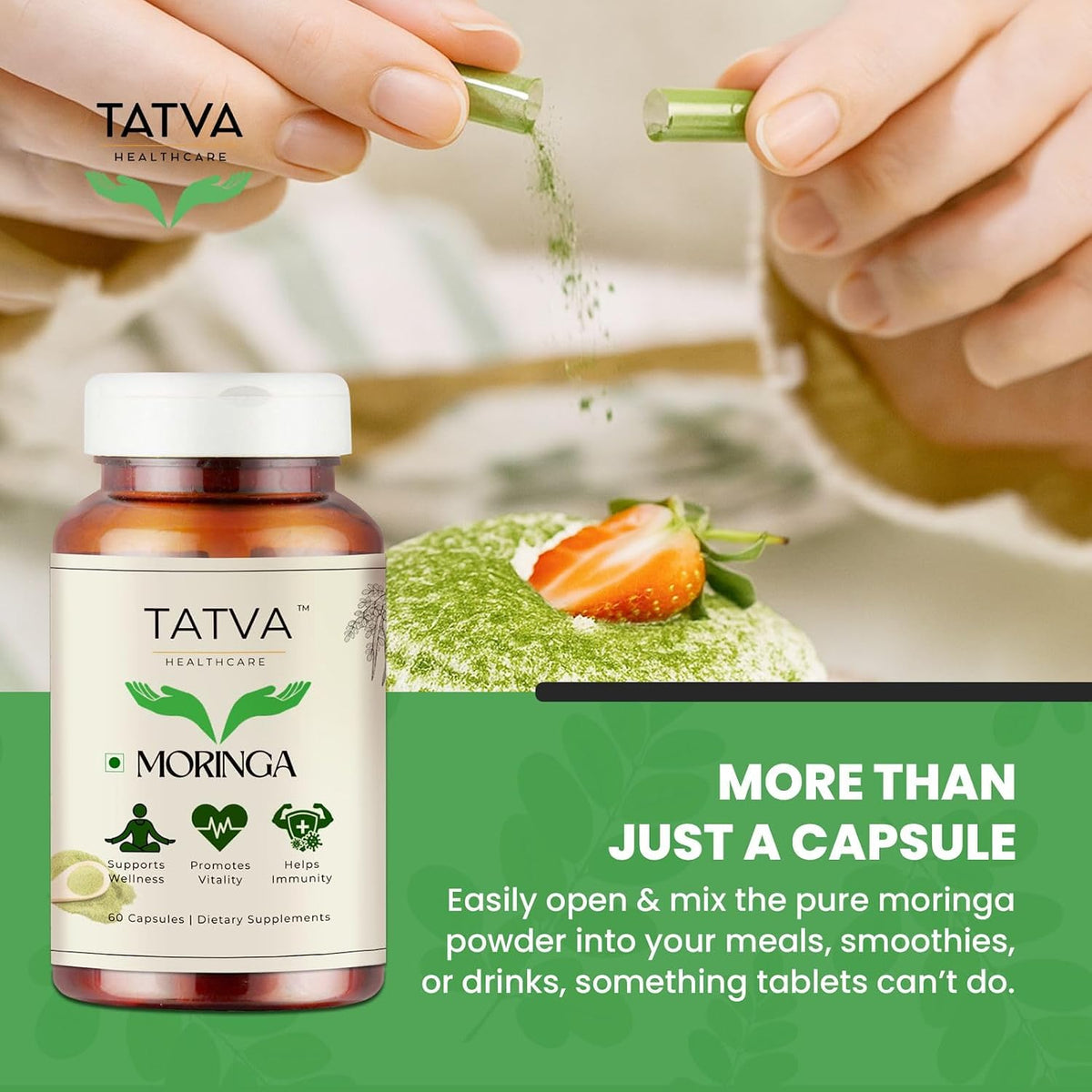 TATVA HEALTHCARE Organic Moringa Capsules 450mg | 60 Vegan Vegetarian Capsules | Moringa Oleifera Leaf Powder Supplement | Organic Drumstick Leaf Herbal Supplement | Daily Wellness