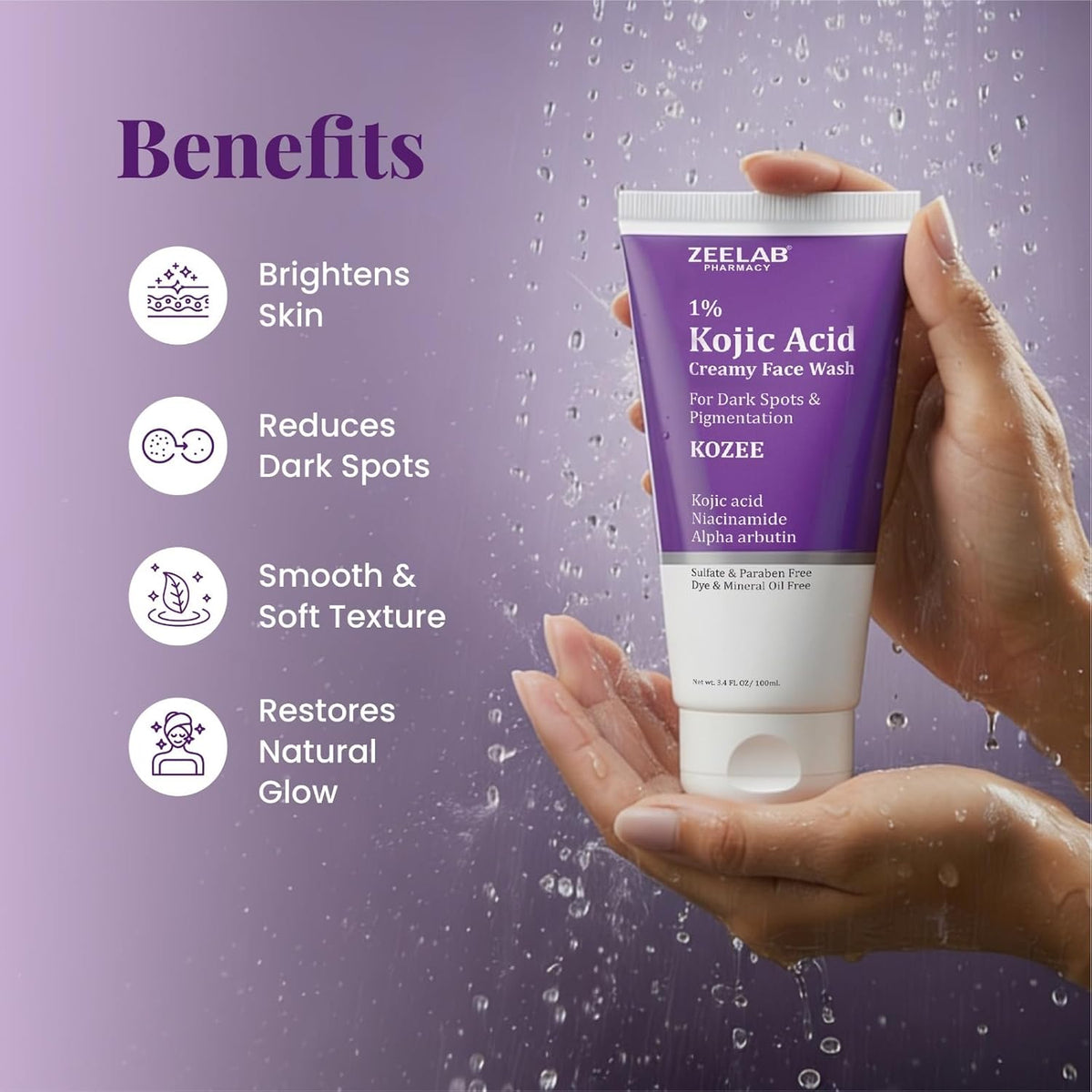 ZeeLab Kojic Acid Creamy Face Wash with benefits listed on a purple background
