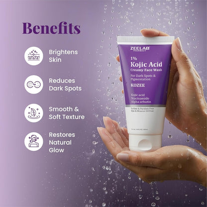 ZeeLab Kojic Acid Creamy Face Wash with benefits listed on a purple background