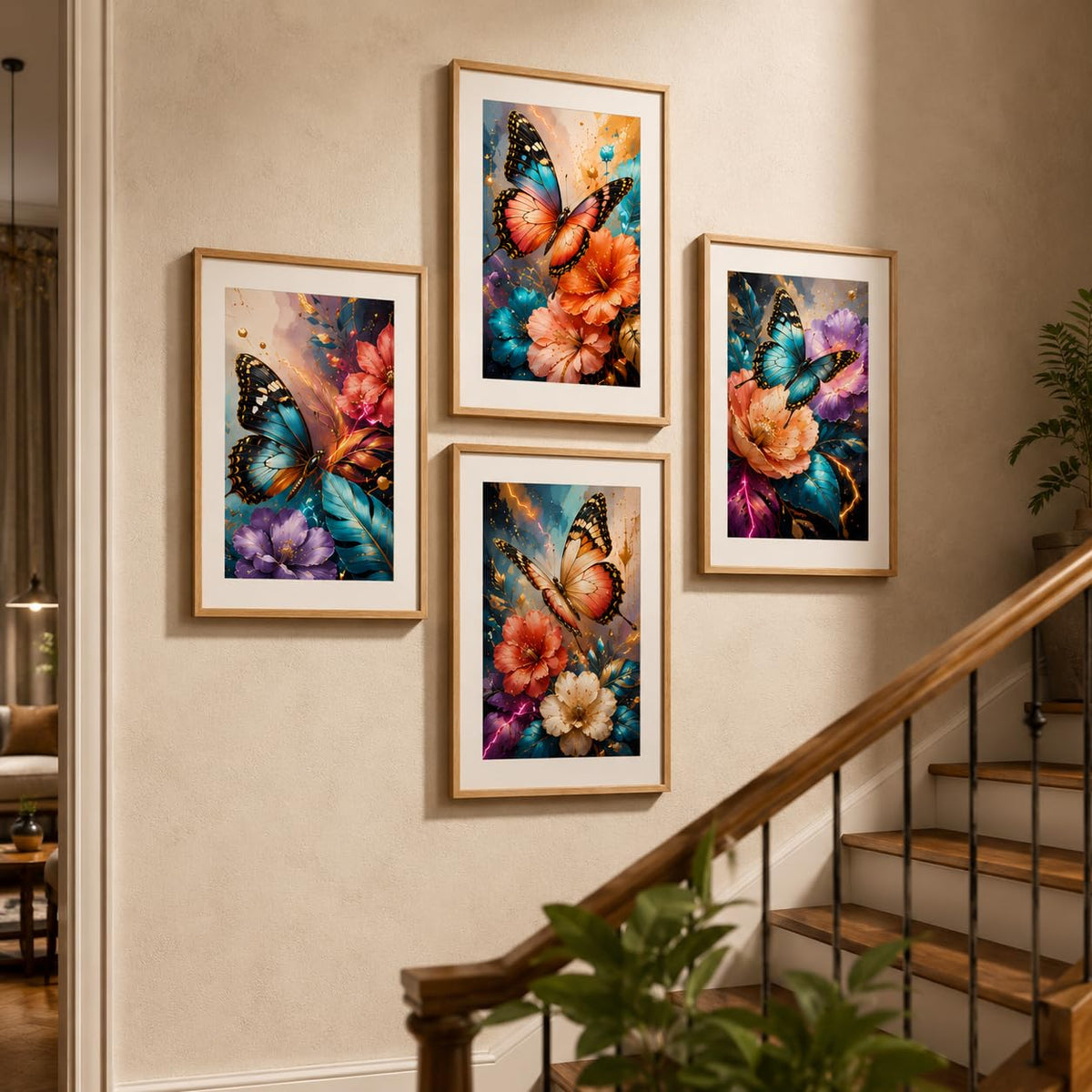 Set of 4 Butterfly Floral Wall Paintings with Sparkle Laminate and Premium Wooden Synthetic Frame for Living Room Bedroom Office Decor (13.5 x 19.5 Inch)