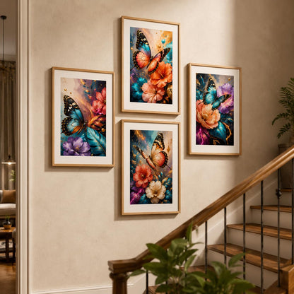 Set of 4 Butterfly Floral Wall Paintings with Sparkle Laminate and Premium Wooden Synthetic Frame for Living Room Bedroom Office Decor (13.5 x 19.5 Inch)