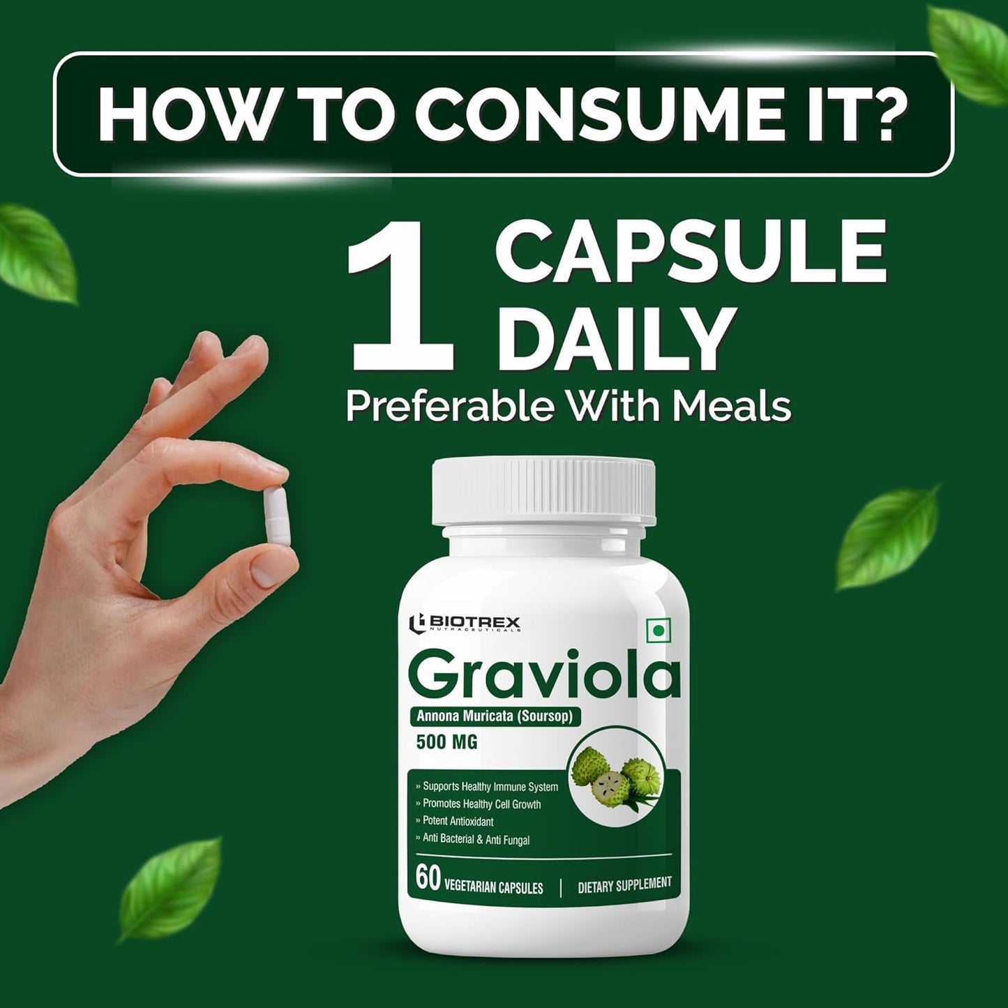 Biotrex Nutraceuticals Graviola 500mg | Supports Immune Health | High In Vitamin C | Antioxidant & Antimicrobial | Eye & Digestive Health | 60 Veg Capsules