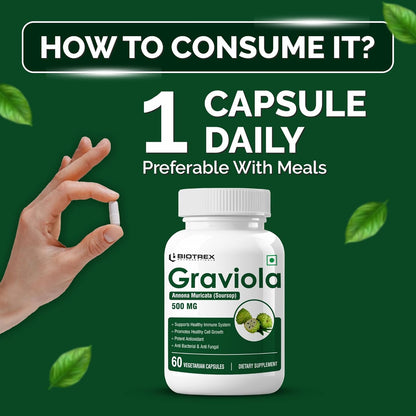 Biotrex Nutraceuticals Graviola 500mg | Supports Immune Health | High In Vitamin C | Antioxidant & Antimicrobial | Eye & Digestive Health | 60 Veg Capsules