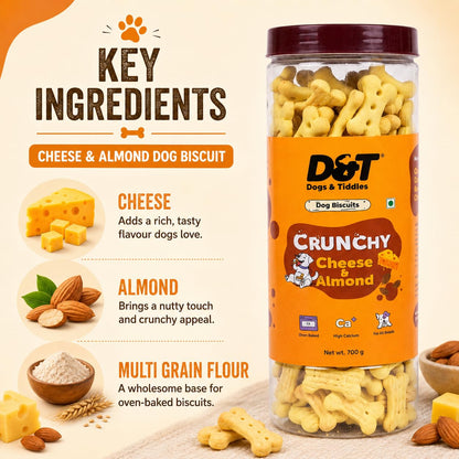 Dogs & Tiddles Cheese & Almond Dog Biscuits 700g | Oven Baked Crunchy Dog Treats | High Calcium Dog Snacks for All Life Stages & All Breeds