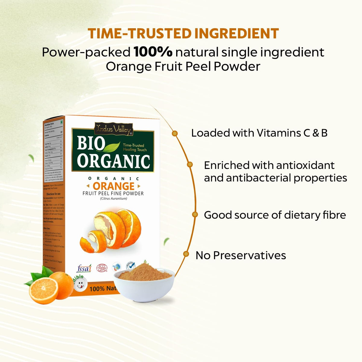 Bio Organic Orange Fruit Peel Powder packaging with product details on a light beige background