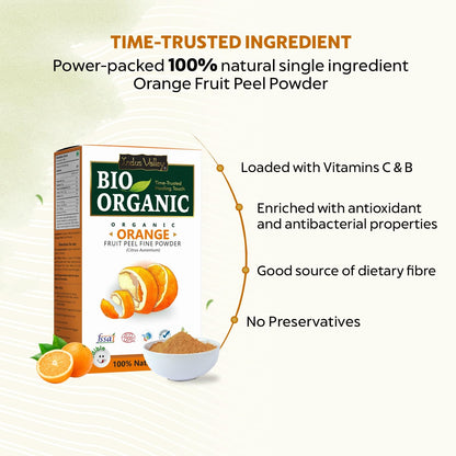 Bio Organic Orange Fruit Peel Powder packaging with product details on a light beige background