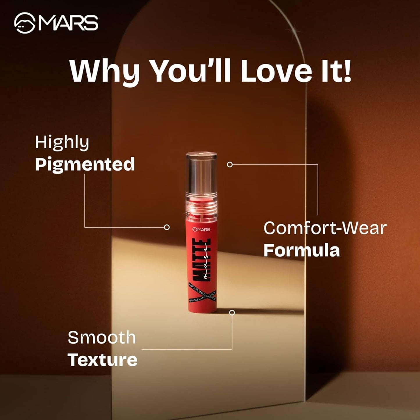 MARS Matte Muse Mousse Lipstick (3ml) (17-GLAM GODDESS) with Doe-Foot Applicator | Highly Pigmented | Smooth Texture | Hydrating Formula | Blurry Lips Effect