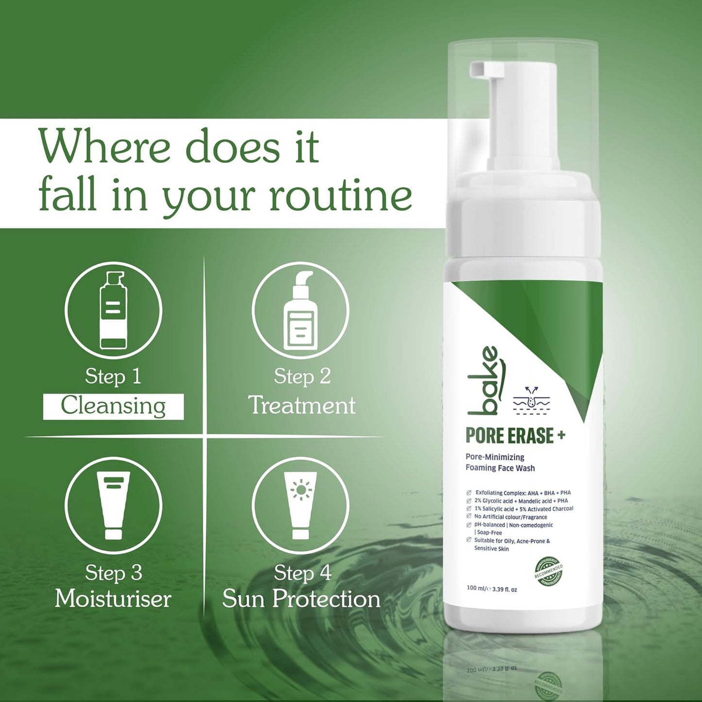 BAKE Pore Erase Foaming Face Wash with 2% Glycolic Acid, 1% Salicylic Acid & Mandelic Acid | Unclogs Pores, Reduces Blackheads & Whiteheads, Controls Sebum | For Oily, Acne Prone & Combination Skin – 100ml