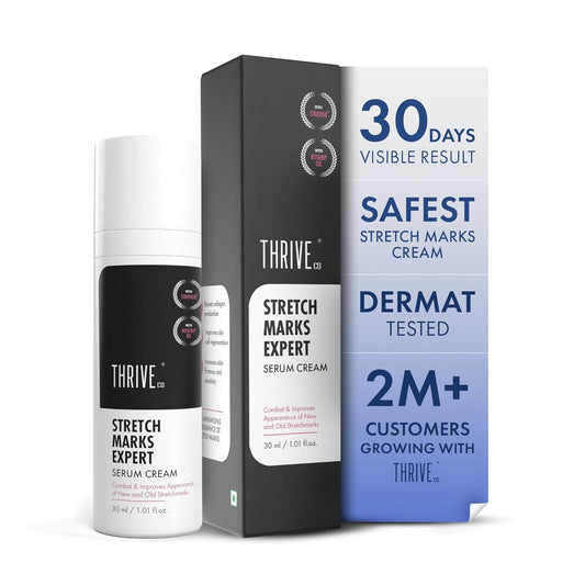 Thrive stretch marks cream with packaging on a white background