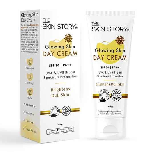 The Skin Story Glowing Skin Day Cream with SPF 30 Sunscreen | Nourish, Brighten, and Protect Dull Skin | Lightweight, Non-Greasy Formula for Daily Radiance | UVA/UVB Protection for Healthy | 40g