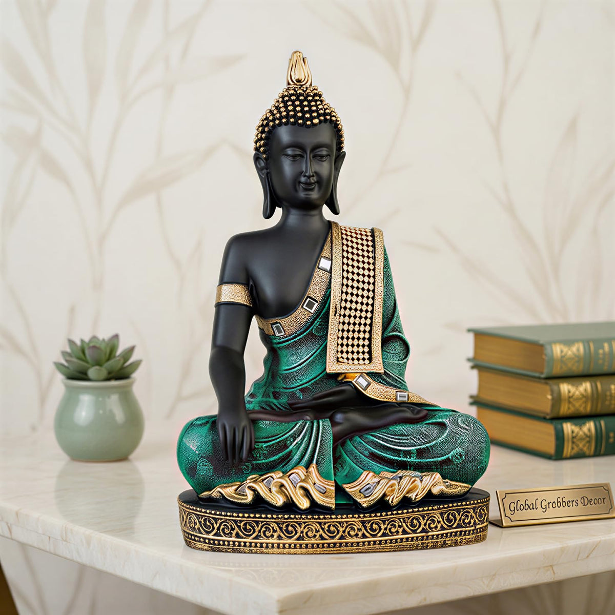 Buddha Idol Statue | Home Decoration Items for Living Room (Green Black)