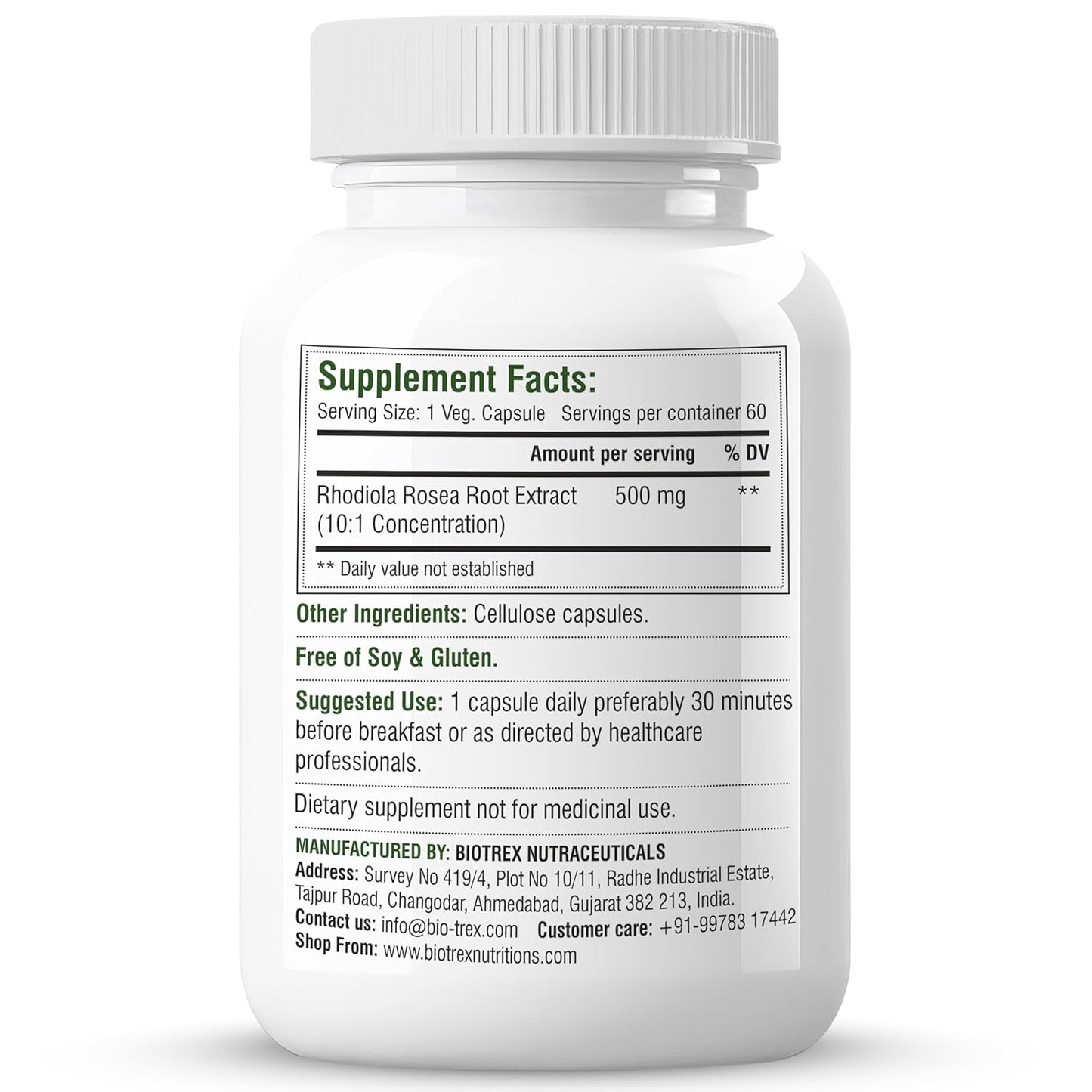 Biotrex Nutraceuticals Rhodiola 500mg Supplement | Adaptogenic Natural Herb | Relaxation & Cognitive Wellbeing | Enhances Resilience, Sleep & Focus | Healthy Stamina | Non-GMO | 60 Veg Capsules