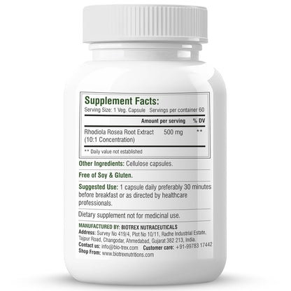 Biotrex Nutraceuticals Rhodiola 500mg Supplement | Adaptogenic Natural Herb | Relaxation & Cognitive Wellbeing | Enhances Resilience, Sleep & Focus | Healthy Stamina | Non-GMO | 60 Veg Capsules