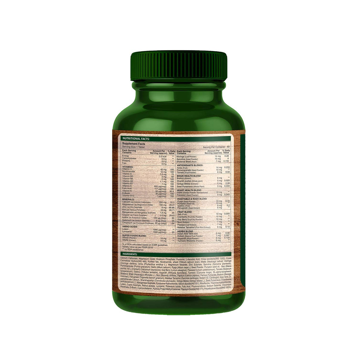 Green supplement bottle with label on a white background