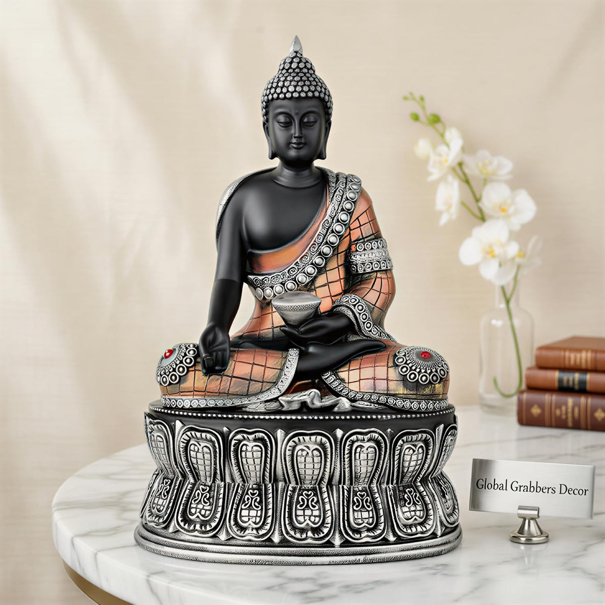 Buddha Statue Showpiece Idol Home Decor Items for Living Room and Gifts (Silver Black Copper)