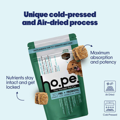 Hope Pre & Probiotics Supplement for Dogs -30 Vegan hoplets | Tasty Pet Chews with Hing for Absolute Gut Health, Gas, Itching, Scratch Relief | Cold-Pressed| Air-Dried | Tasty | Honest Pet Co