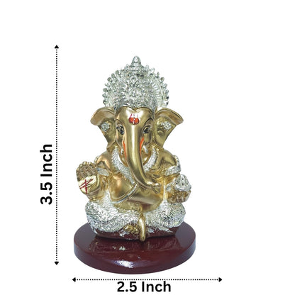 Handcrafted Poly Resin Ganesha Statue with Base - Perfect for Car Dashboard, Office Desk, Shelves, and Home Decor - Ideal Housewarming Gift! (MUKUTGOLD-SIL-ANTIQUEMDF 3" 5)