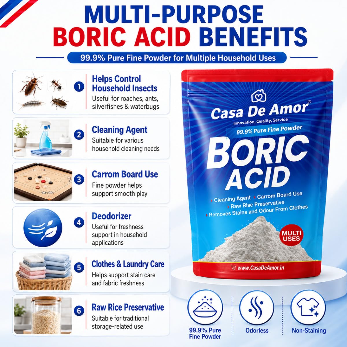 Casa De Amor Boric Acid - 99.9% Pure Fine Powder (100 gms) | Highly Effective for Removing Pests Cockroaches, Ants, Silverfishes, for Carrom Board, Rice Preservative, Multi-Purpose, Anhydrous