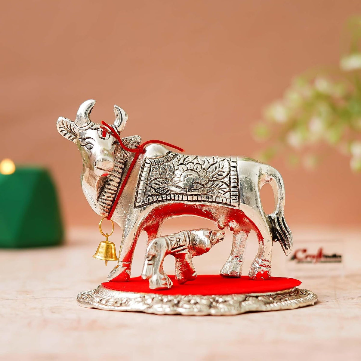 Metal Silver Kamdhenu Cow and Calf Statue | Animal Figurine Decorative Showpiece| Cow with Calf Idol for Home Office Temple | Gift for Diwali Housewarming Birthday