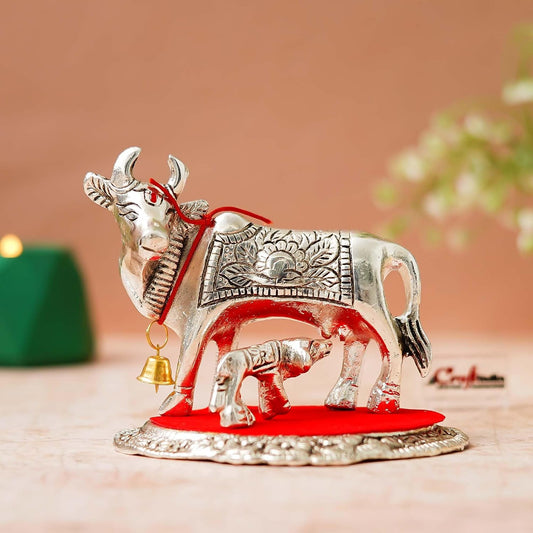Metal Silver Kamdhenu Cow and Calf Statue | Animal Figurine Decorative Showpiece| Cow with Calf Idol for Home Office Temple | Gift for Diwali Housewarming Birthday