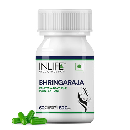 INLIFE Bhringraj Capsules for Hair | Whole Plant Extract Supplement | Eclipta Alba | Supports Healthy Hair for Women & Men, 500mg - 60 Vegetarian Capsules (Pack of 1, 60)