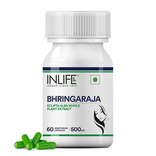 INLIFE Bhringraj Capsules for Hair | Whole Plant Extract Supplement | Eclipta Alba | Supports Healthy Hair for Women & Men, 500mg - 60 Vegetarian Capsules (Pack of 1, 60)