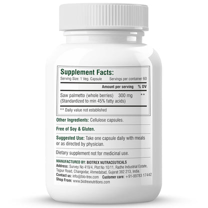 Biotrex Nutraceuticals Saw Palmetto 300mg | Prostate Health & Urinary Support | Hair Growth | DHT Blocker | Advanced Natural Source Supplement With 45% Fatty Acids | 60 Veg Capsules