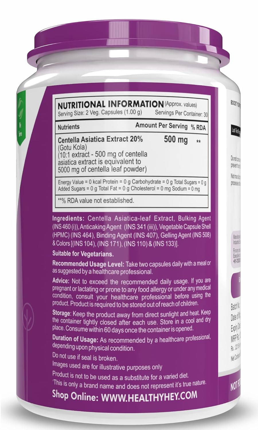 Nutritional information label on a purple supplement container