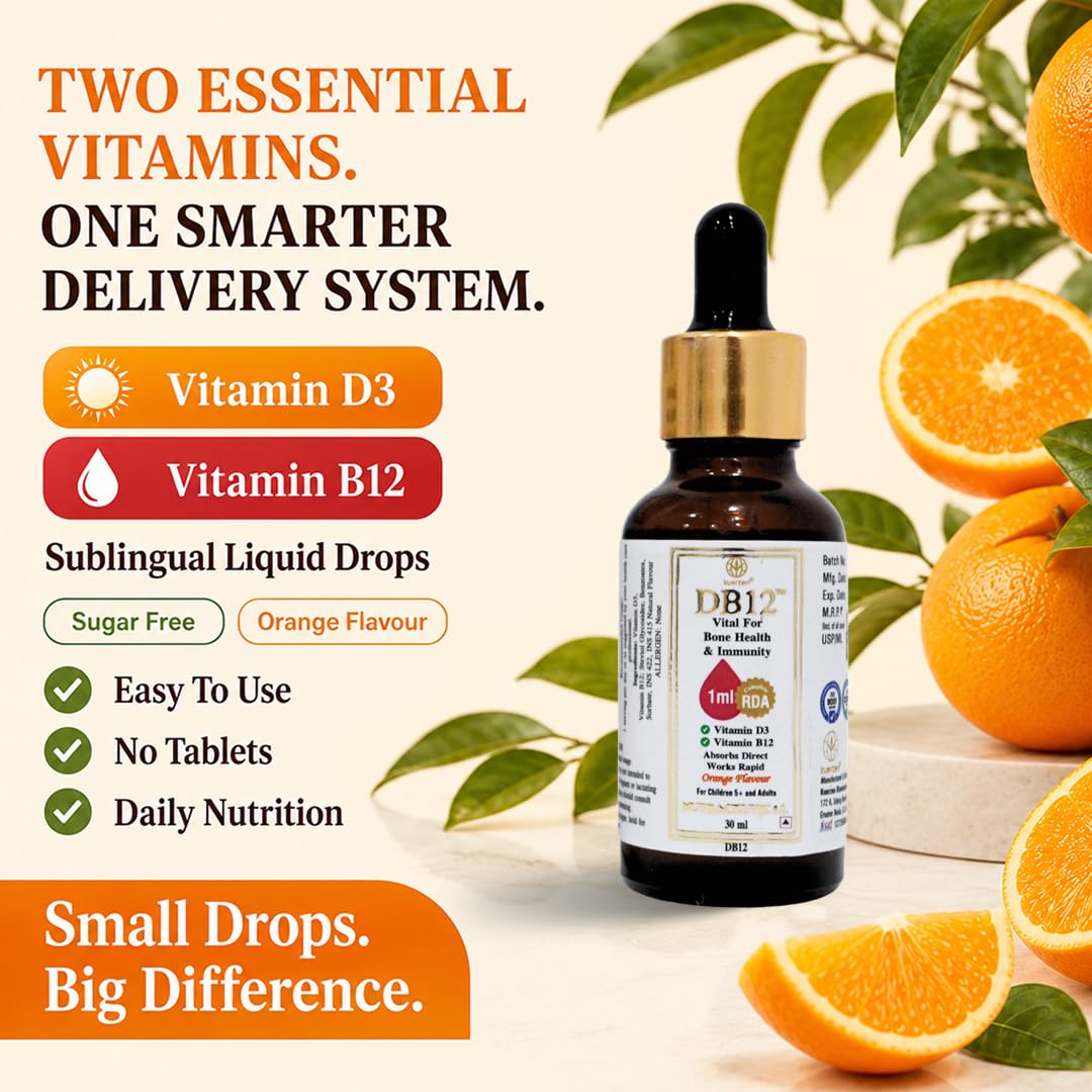 KuerZen DB12 Vitamin D3 + Vitamin B12 Sublingual Liquid Drops | Sugar Free Daily Vitamins | Bone, Energy, Nerve & Immune Support | Vitamin B12 Deficiency Supplement | Orange Flavour | 30ml