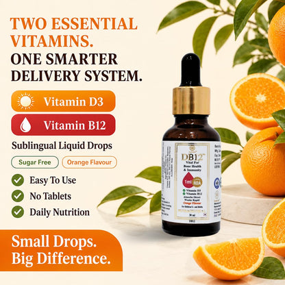 KuerZen DB12 Vitamin D3 + Vitamin B12 Sublingual Liquid Drops | Sugar Free Daily Vitamins | Bone, Energy, Nerve & Immune Support | Vitamin B12 Deficiency Supplement | Orange Flavour | 30ml