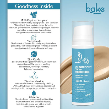 BAKE 2% Multi Peptide Tinted Sunscreen SPF 70 PA+++ with 2% Niacinamide | Water & Sweat Resistant, Broad Spectrum Sunscreen | For All Skin Types | For Men & Women - 50g