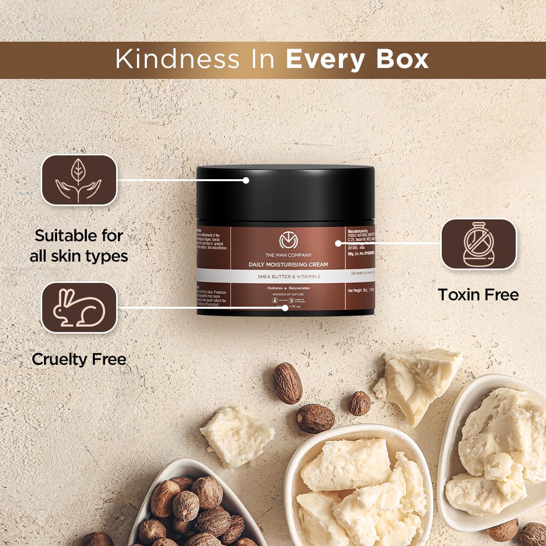 The Man Company Non-Sticky Daily Moisturizing Cream for Dry Skin | Moisturizes & Hydrates with Shea Butter, Vitamin E & Coco Butter | Face Moisturizer For Men - 50gm