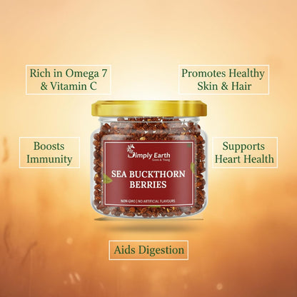 Simply Earth Sea Buckthorn Berries | 100% Natural & Non-GMO | Rich in Vitamin C, Omega 7 & Antioxidants | Boosts Immunity, Skin Glow & Hair Health | No Artificial Flavours - 60g