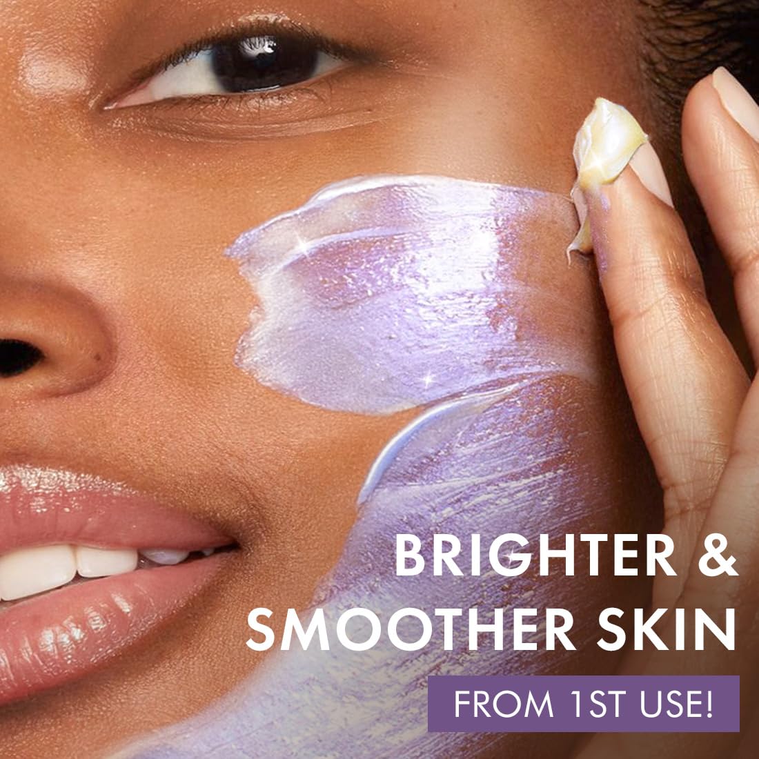 Woman applying skincare product to her face with text 'Brighter & Smoother Skin from 1st Use!'.