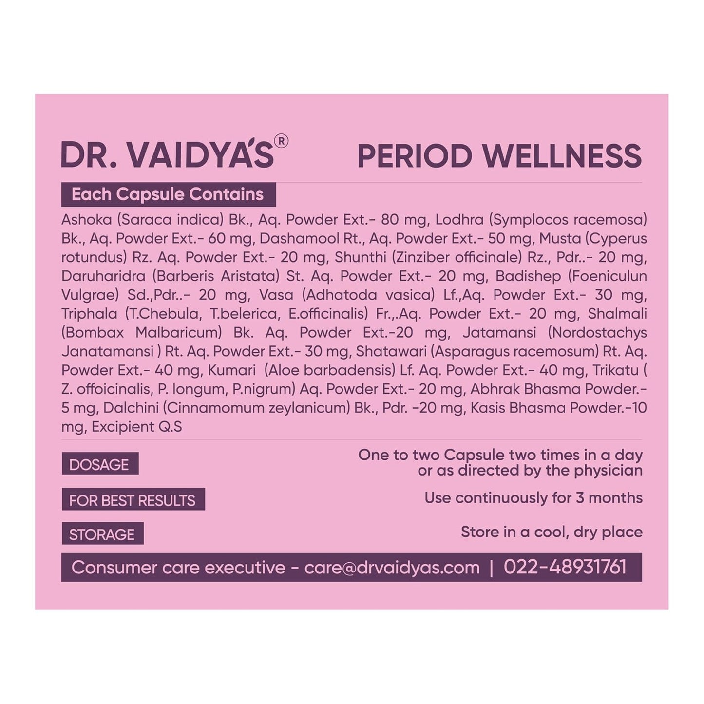 Dr. Vaidya's Period Wellness Capsules | Reduces Period Cramps & Pain | Supports Reproductive Health | Ashoka & Shatavari (30 Capsules)