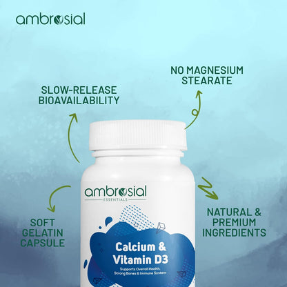 Ambrosial Calcium & Vitamin D3 supplement bottle with features listed on a light blue background
