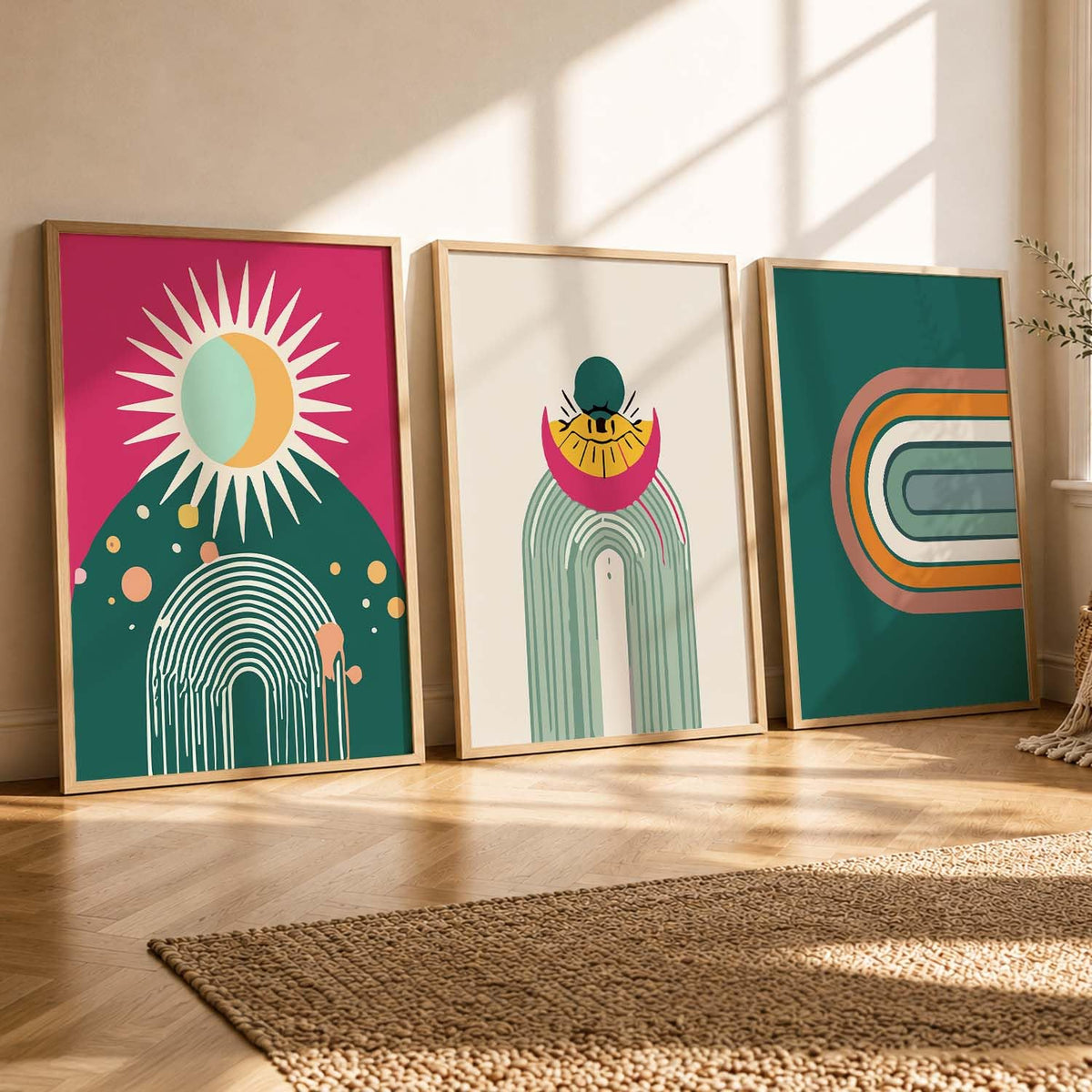 Boho Painting Wall Art Home Decoration Paintings With Frame For Living Room Bed Room Hotel Wall Decor Digital Reprint Set of 3 (13X17 inch)