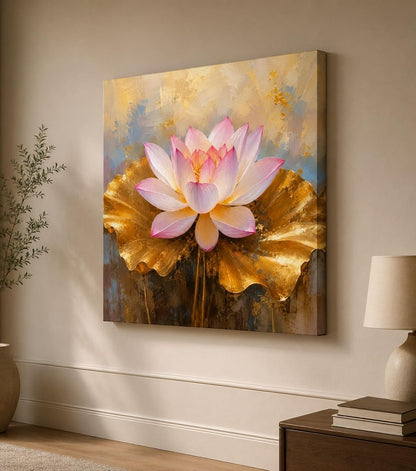 Lotus Flower Painting for Wall Vastu (15+ DESIGNS) Framed Lotus Canvas Painting for Living Room, Bedroom | Nature Floral Wall Art with Multiple Design Variations (Pink Golden Lotus, 18x18 Inch, Framed)