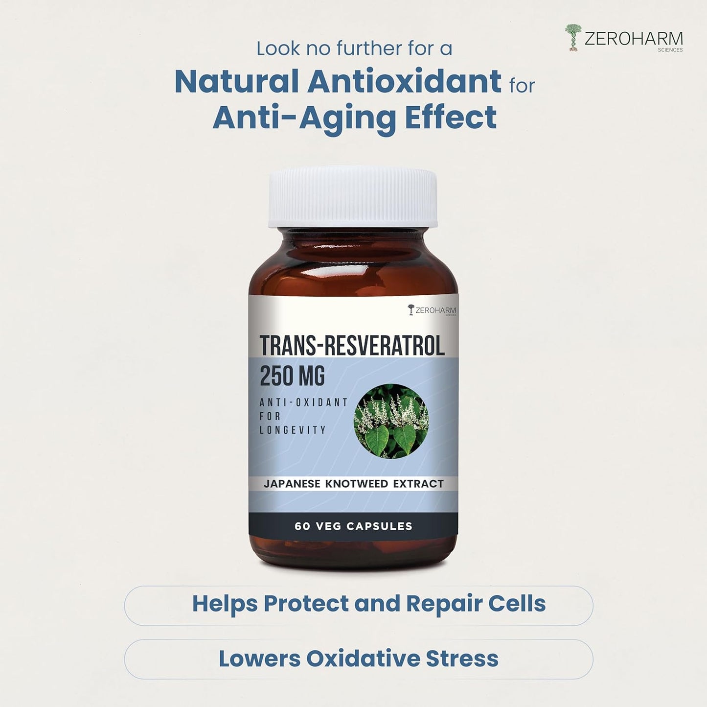 ZEROHARM Trans-Resveratrol Supplements | 250 mg Pure Resveratrol with Japanese Knotweed Extract - Support Immunity, Support Healthy Aging | Antioxidant Supplement For Men & Women | 60 Veg Capsules