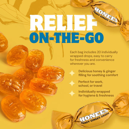 Honees Filled Honey Ginger Drops, Natural Cough Drops- Pure Ginger Sore Throat Relief - Nothing Artificial -Throat Coat Lozenges, Natural Cough Suppressant, Non-GMO, Gluten Free (1 Pack – 20 Drops)