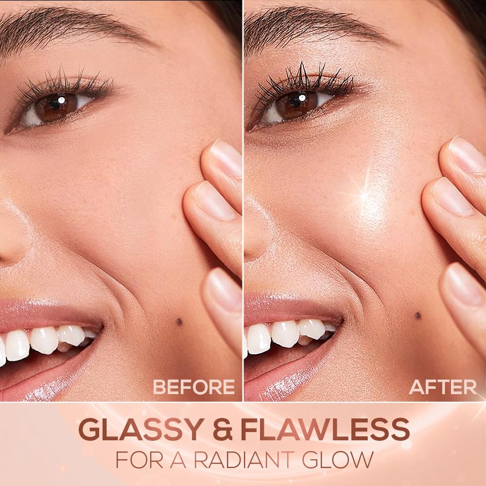 Before and after comparison of a woman's face with text 'Glassy & Flawless for a Radiant Glow'.