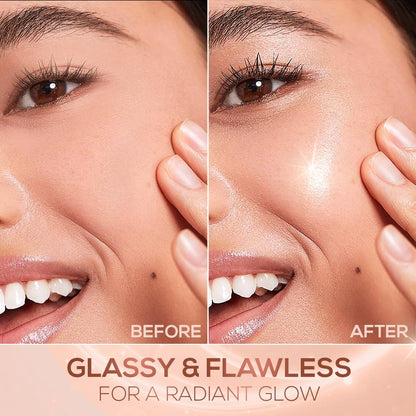 Before and after comparison of a woman's face with text 'Glassy & Flawless for a Radiant Glow'.