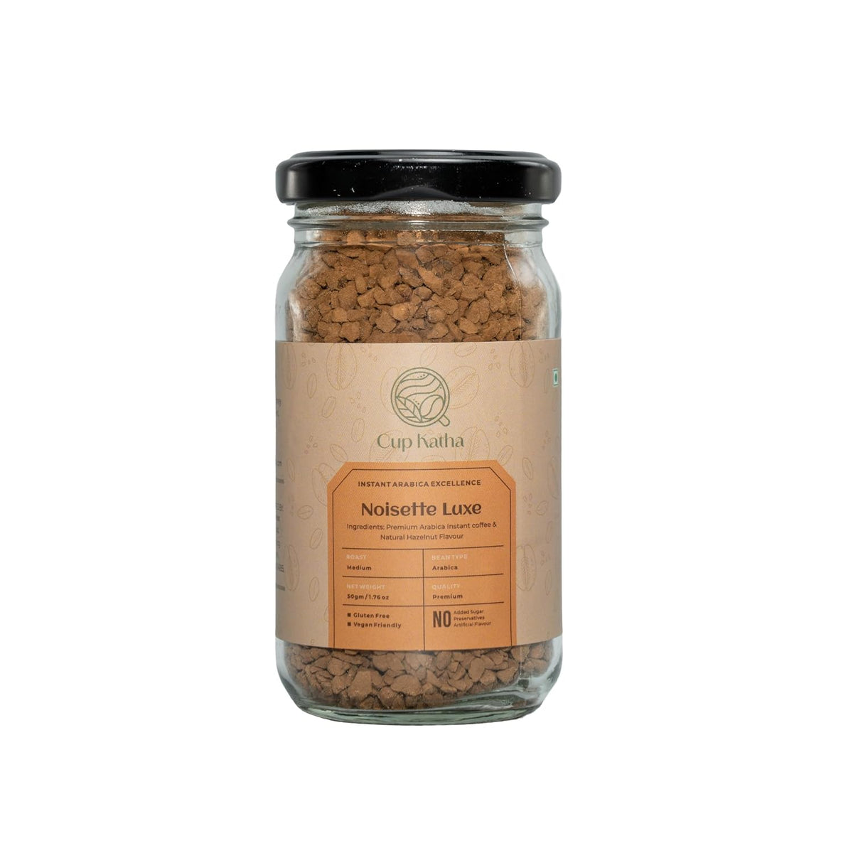 Cup Katha Noisette Luxe Instant Coffee | Freeze-Dried Arabica | Medium Roast | 50 Gram - Glass Jar (Natural Hazelnut)