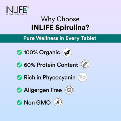 INLIFE Spirulina Tablets 2000 mg (per serving) | Green Superfood Supplement | Nutritional Supplement Protein Fiber Antioxidants - 60 Tablets (Pack of 1, 60's)