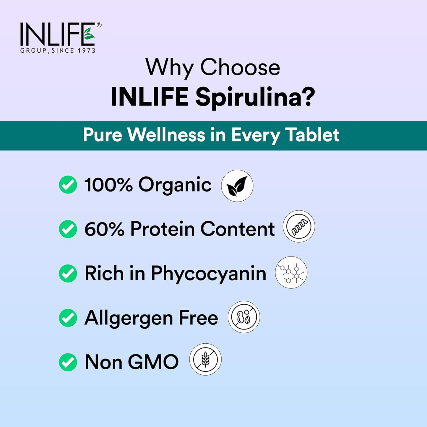INLIFE Spirulina Tablets 2000 mg (per serving) | Green Superfood Supplement | Nutritional Supplement Protein Fiber Antioxidants - 120 Tablets (Pack of 1, 120, count)
