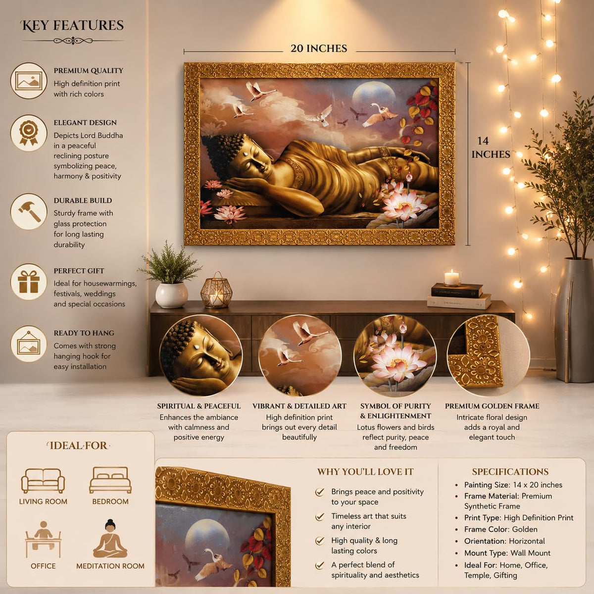 Buddha Art Framed Painting for Luck, Prosperity | Ready to Hang (Wooden Frame, 12inch x 18 inch, Golden)