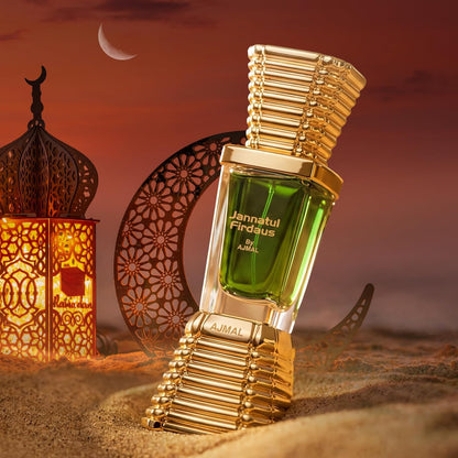 Perfume bottle with gold and green design against a desert sunset background