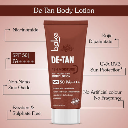 BAKE De-Tan Coffee Body Lotion (200ml) 48 Hour Moisturization with Kojic Acid, Lactic Acid, Niacinamide & SPF 50 for Pigmentation & Tan Removal | For Dark Spots & Sun Protection | Tanned & Pigmented Skin | For Women & Men